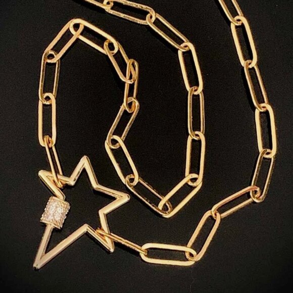 NEW! 14K Gold Plated Paperclip Chain and Zirconia Carabiner Star Choker Necklace - Picture 4 of 7